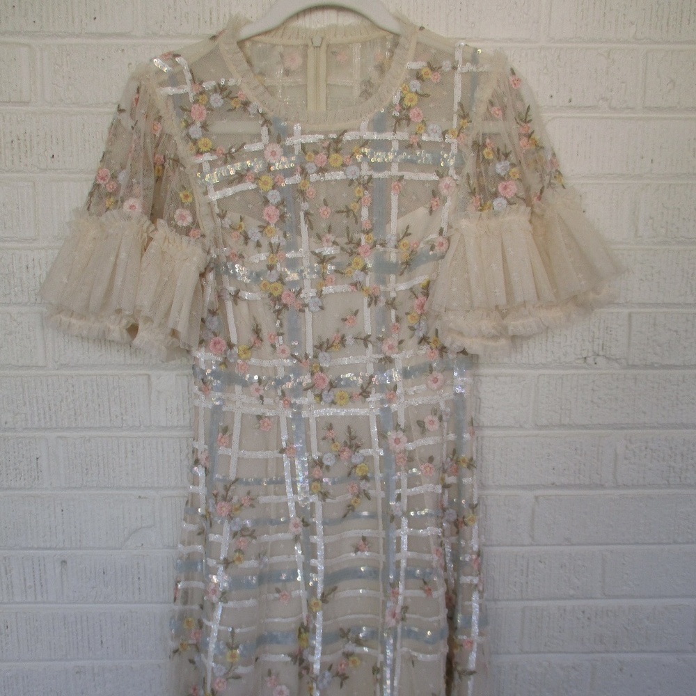 Needle and Thread Antonia Sequin Check Tulle Floral Embroidery Cream/Almond